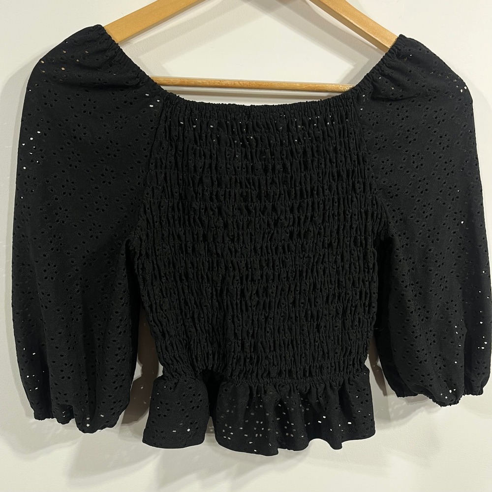 Urban Romantics Eyelet Babydoll Smocked Crop Top Puff Sleeve Small Dark Coquette - Picture 6 of 9